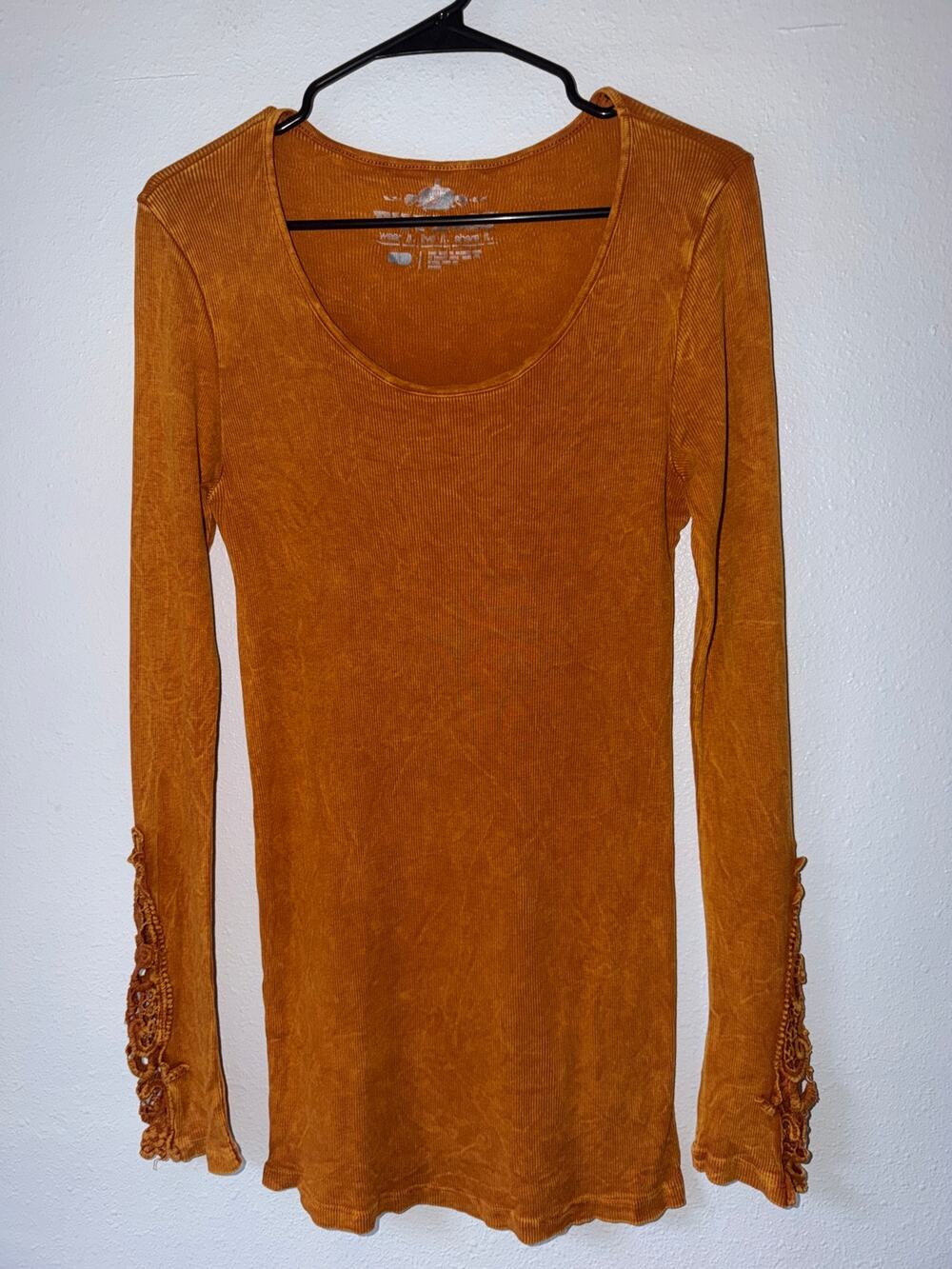 Witness Burnt Orange Lace Sleeve Fall Boho Ribbed Long Sleeve Top Size Large